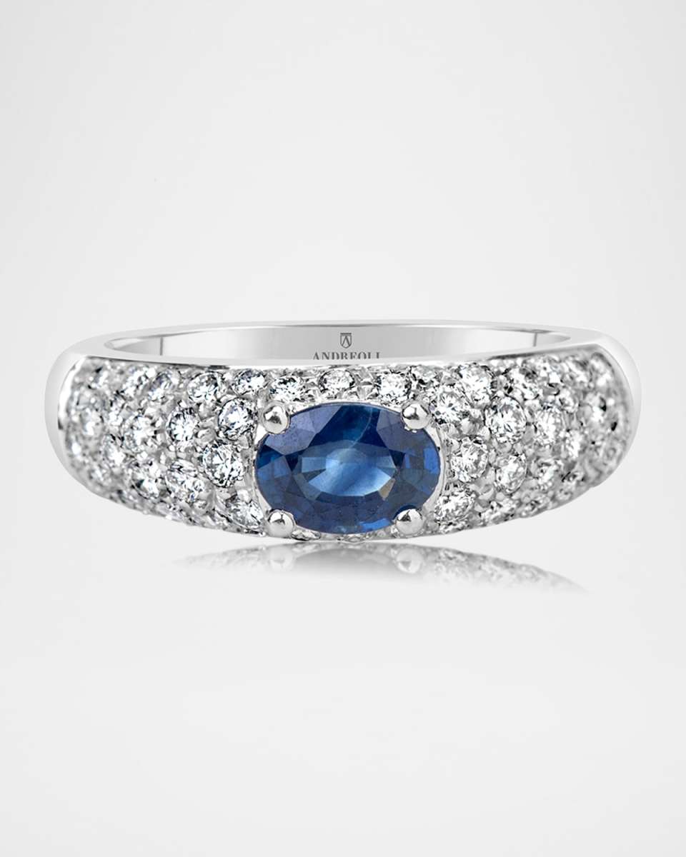 18K White Gold Ring with Diamonds and Blue Sapphire Oval, Size 7.5
